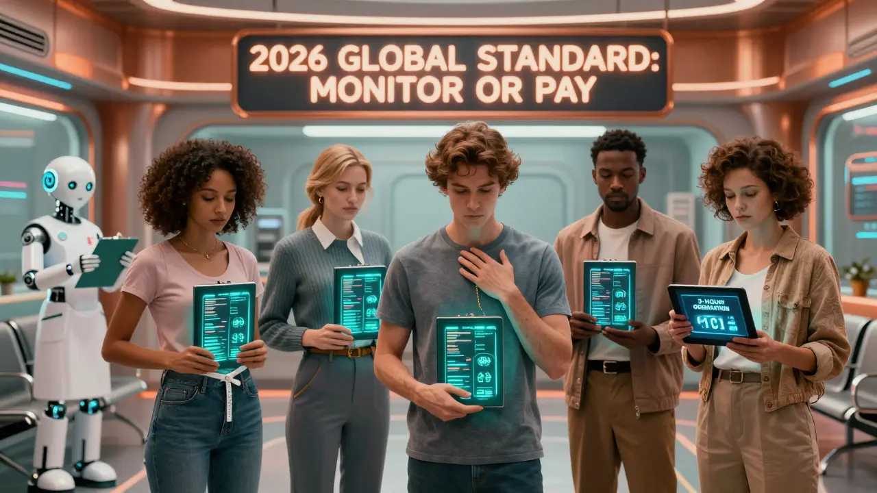 Diverse patients in futuristic waiting room with glowing health logs, robotic nurse scanning vitals, digital sign reads 'MONITOR OR PAY'.
