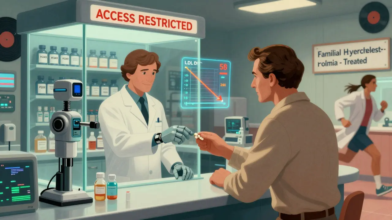 Dystopian pharmacy scene with statin pill, restricted PCSK9 inhibitors, and LDL level hologram.