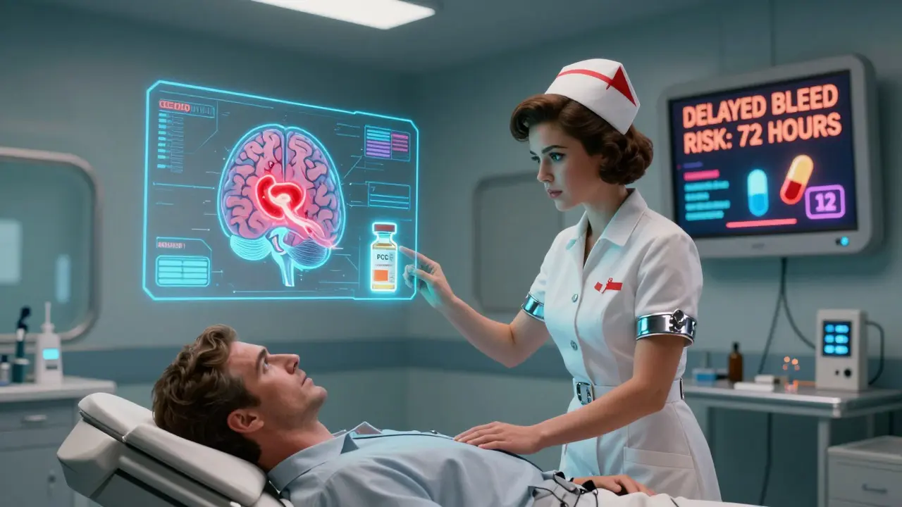 Emergency room with nurse performing CT scan, holographic brain bleeding, glowing drug icons in vintage sci-fi setting.
