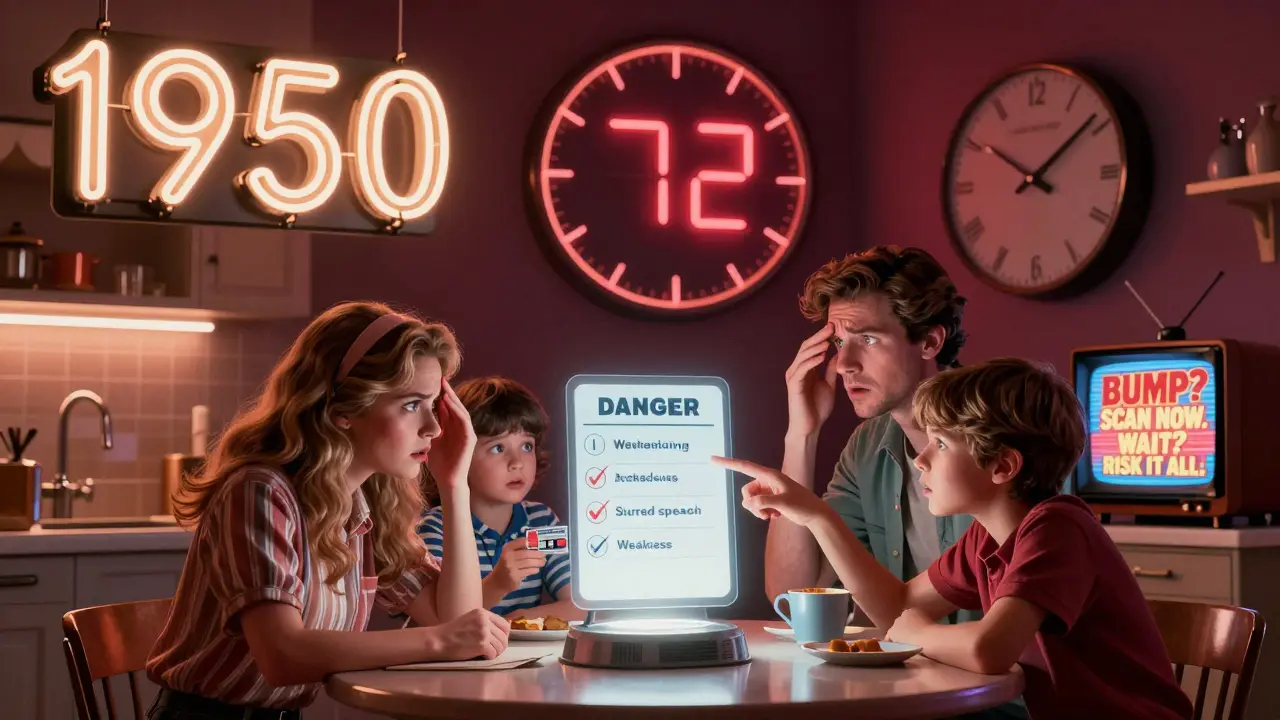 Family at kitchen table with glowing warning signs and 72-hour countdown clock in retro-futuristic medical alert scene.