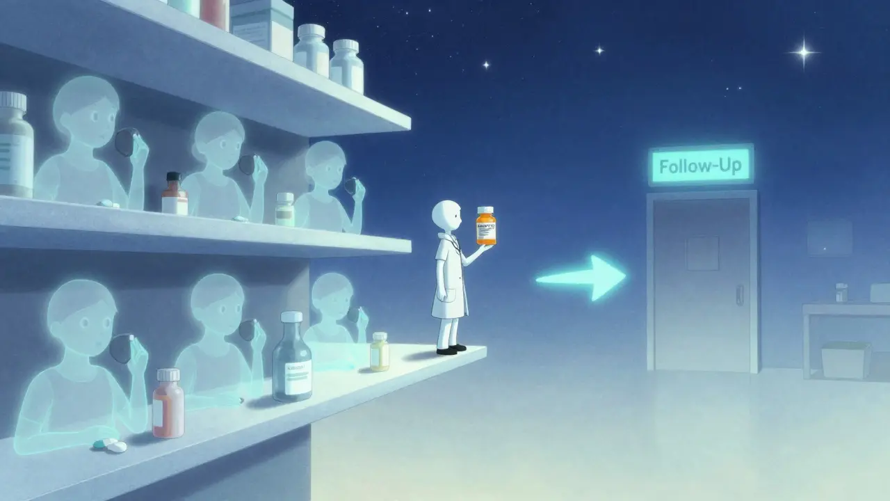 Figure on floating pharmacy shelf with ghostly versions of themselves following correct medication steps.