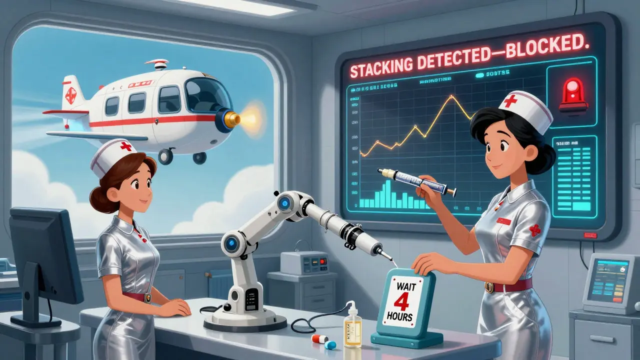 Futuristic medical center with robotic system blocking unsafe insulin stacking.