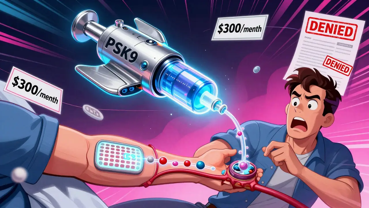 Futuristic syringe jetpack pulling LDL particles from blood, with price tags and denied insurance forms.