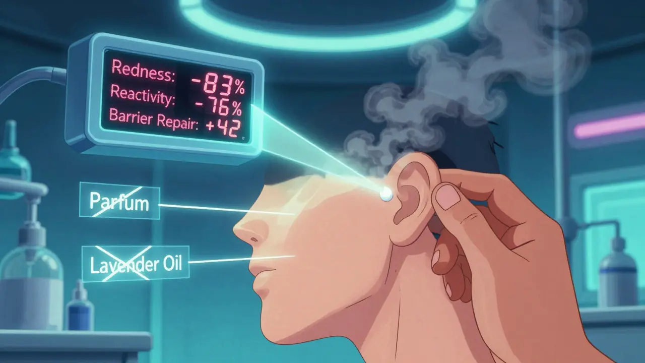 Hand applying cream behind ear with glowing health metrics and shattered fragrance labels.