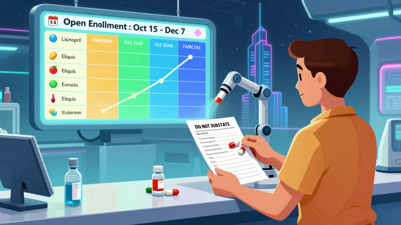 Patient at a futuristic pharmacy with robotic arm offering interchangeable drug capsules and shifting formulary screen.