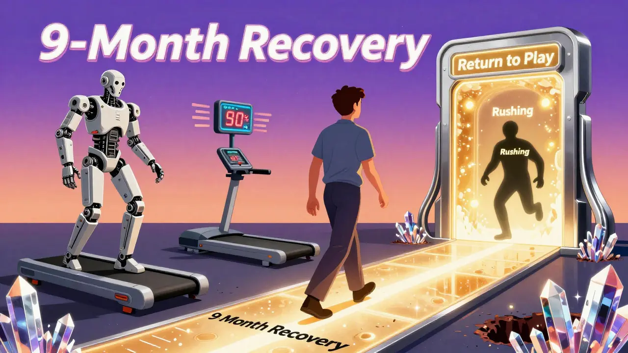 Patient walking glowing recovery path past biomechanical checkpoints to golden return portal