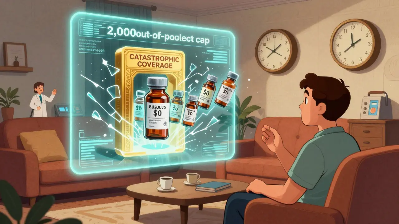 Patient watching a hologram of ,000 cap shatter into a portal labeled 'Catastrophic Coverage'.