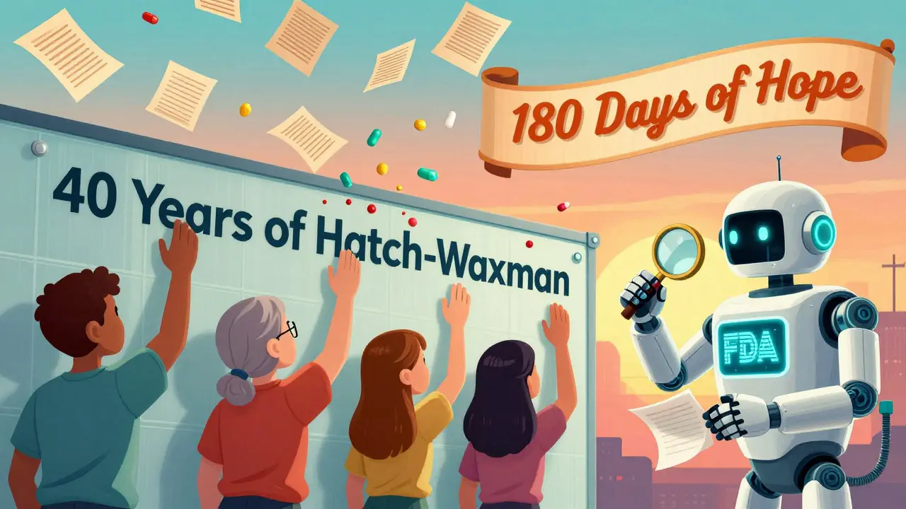 Patients reaching for falling generic pills through a wall labeled Hatch-Waxman, as a robot fixes patent errors.