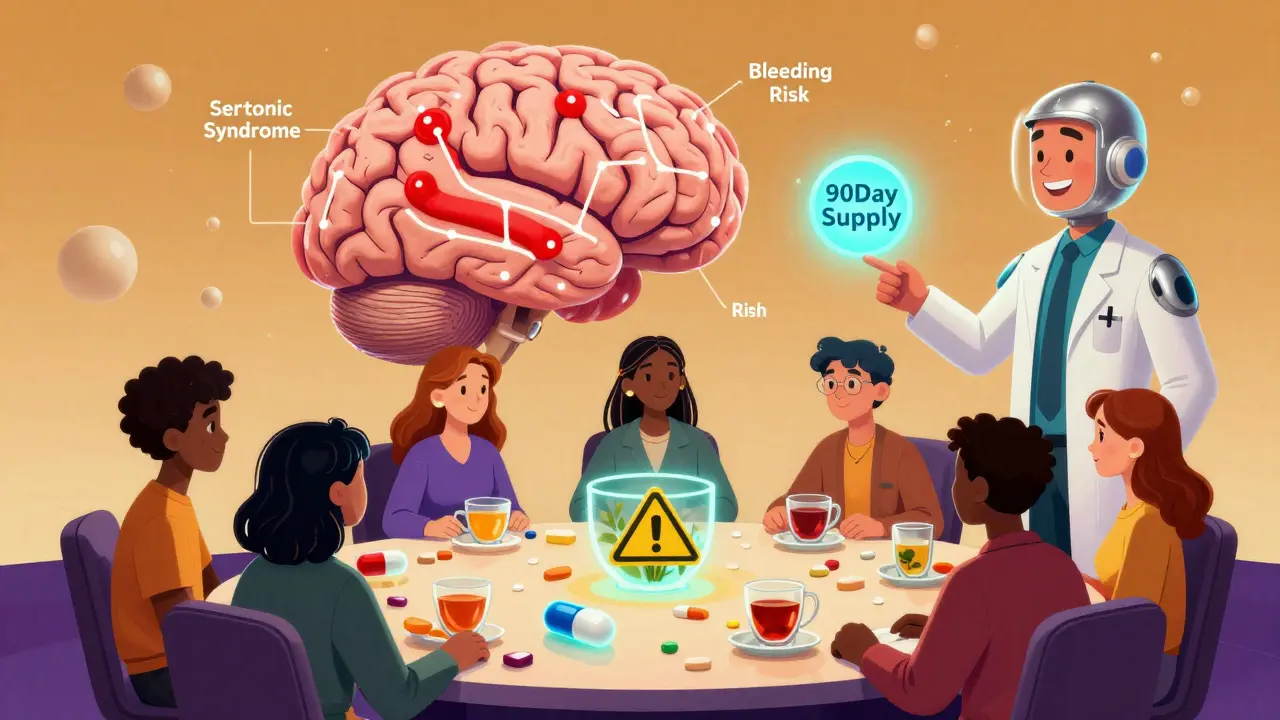 People around a table with floating supplements and warning signs above a glowing brain diagram.