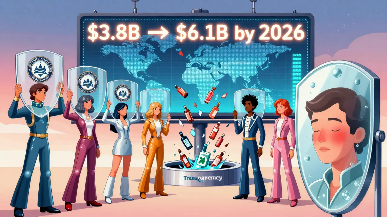 People holding certification shields as perfume bottles vanish into a transparency vortex.