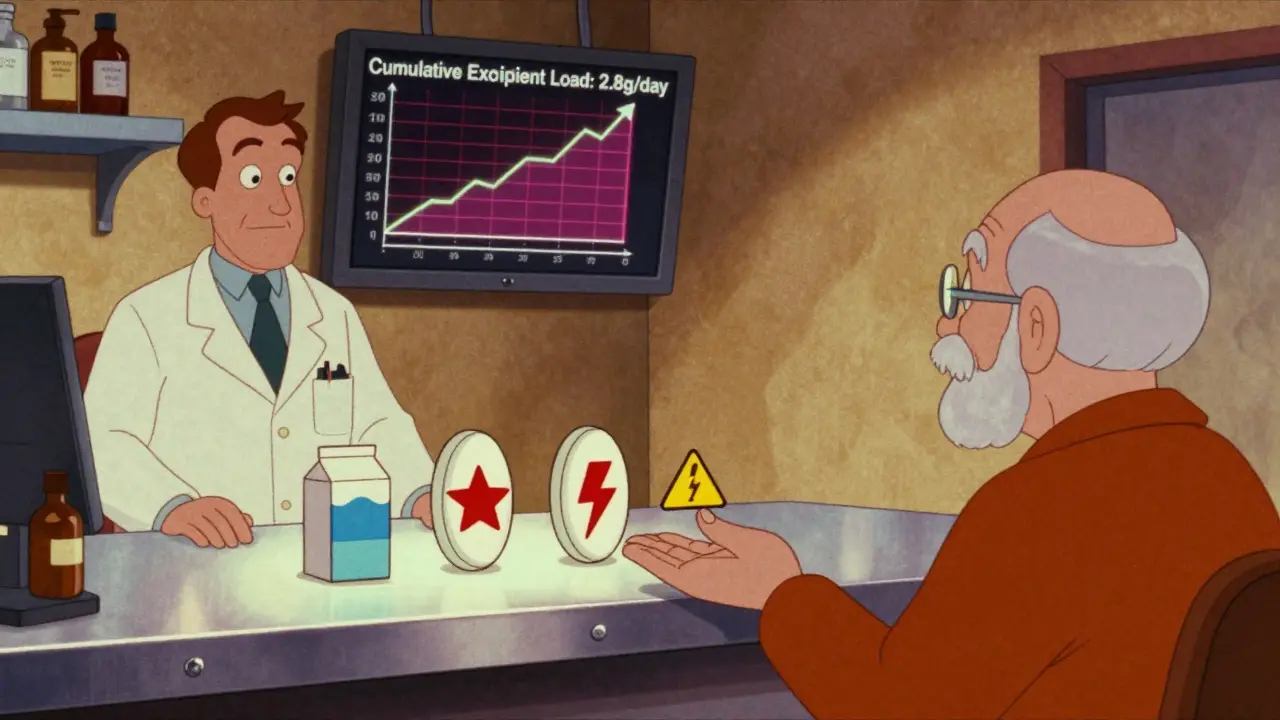 Pharmacist handing three whimsically designed generic pills to an elderly patient, with a digital display showing daily excipient load.