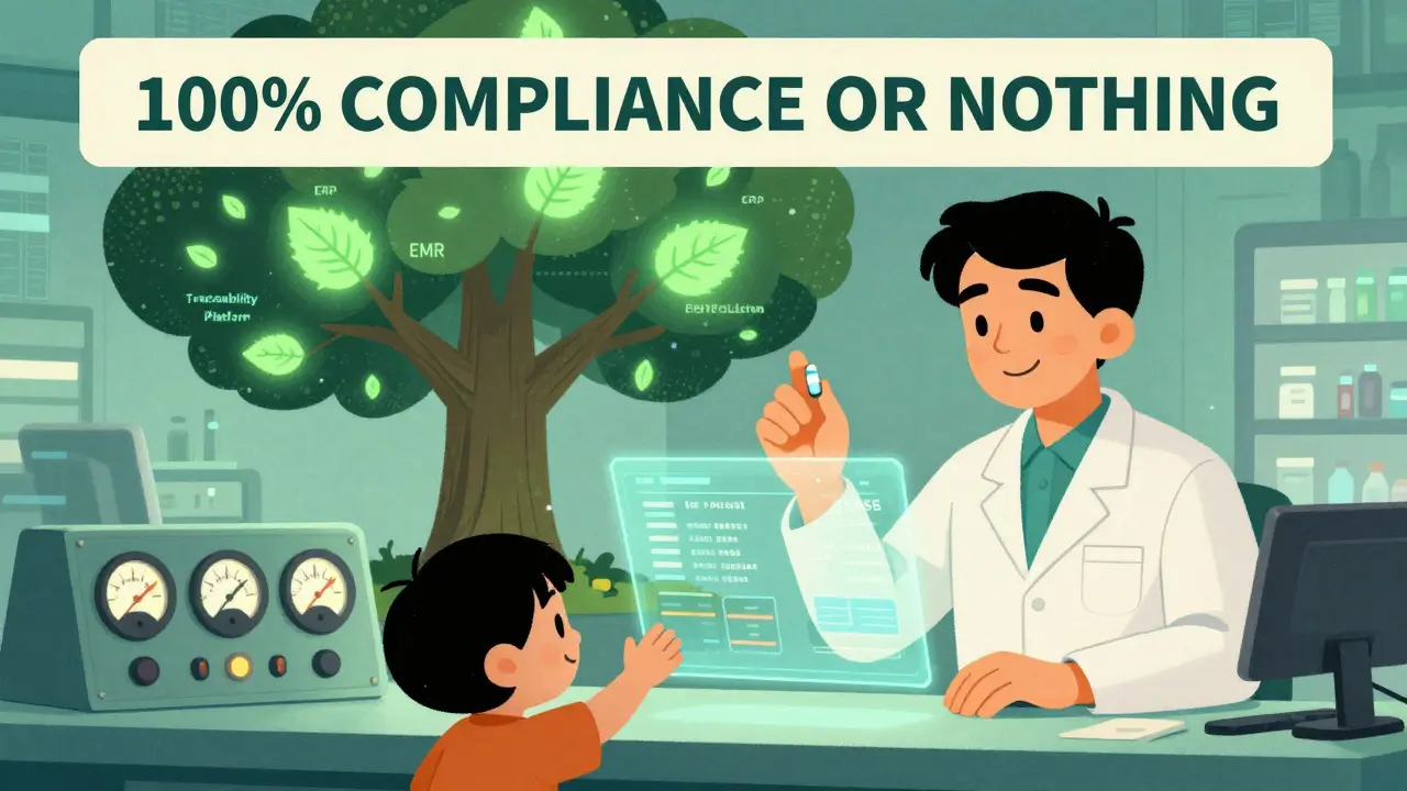 Pharmacy owner holding a pill beside a glowing compliance tree while a child reaches out, symbolizing trust and safety.