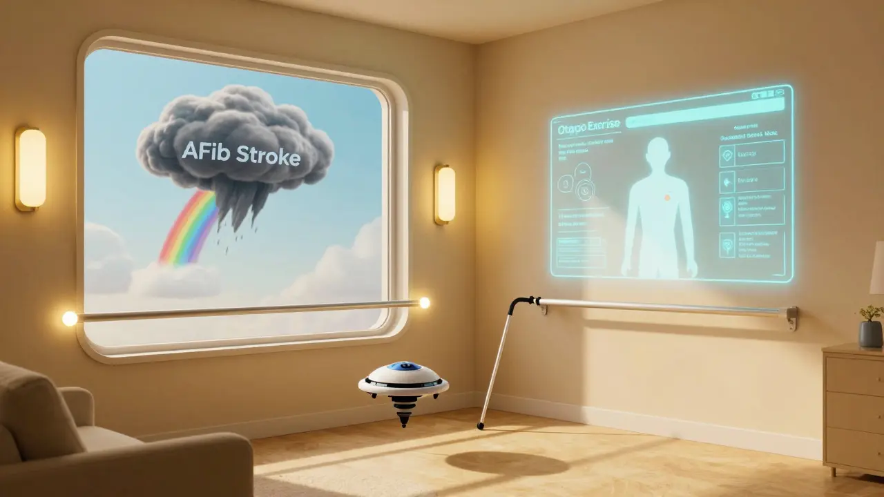 Safe senior home with glowing safety features and holographic exercise guide, calm futuristic interior