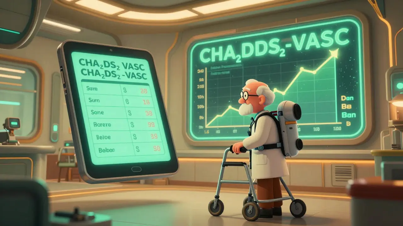 Senior in futuristic clinic with floating data graphs showing stroke prevention benefits over bleeding