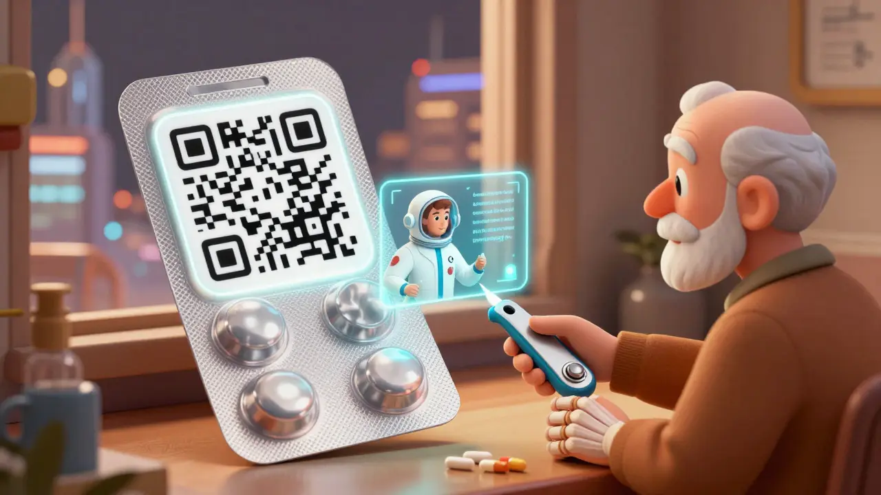 Smart blister pack scanning to show a holographic pharmacist explaining medication use.