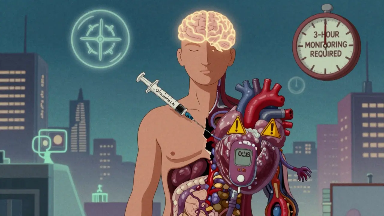 Split patient figure: calm mind above, diseased organs below, connected by a syringe labeled 'Olanzapine LAI'.