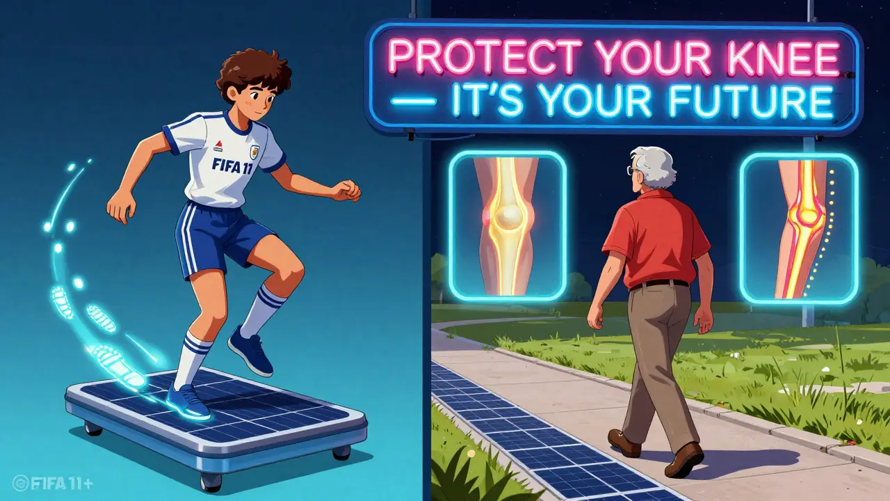 Split scene: athlete training with glowing footprints on one side, senior walking pain-free on the other, with health icons floating above.