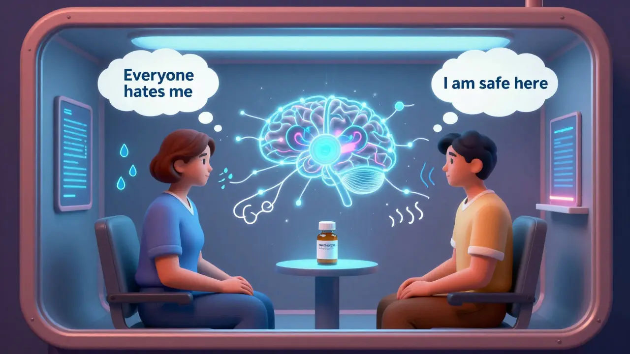 Therapist and patient in a holographic therapy pod, CBT thoughts transforming as physical anxiety fades, propranolol bottle nearby.