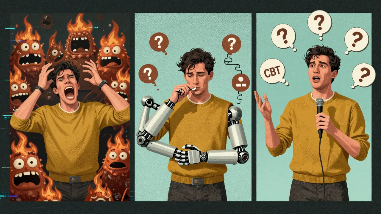 Three-panel retro-futurist comic showing anxiety, medication, and therapy transformation with glowing icons and analog textures.