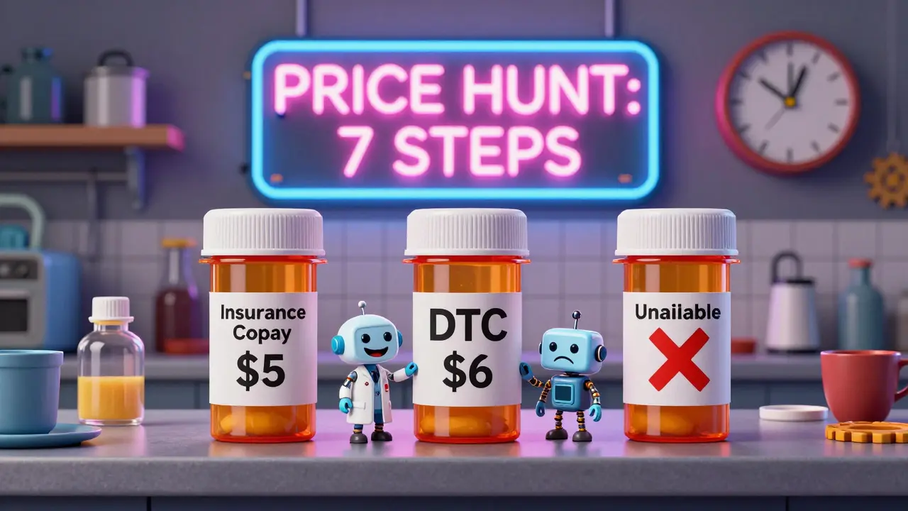 Three prescription bottles on a counter labeled with different prices and icons, under a neon sign showing the seven-step price hunt process.