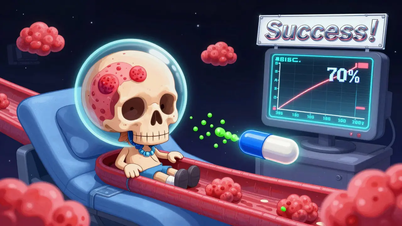 A cabergoline capsule travels through blood to shrink a tumor, with holographic progress data in retro-futuristic style.