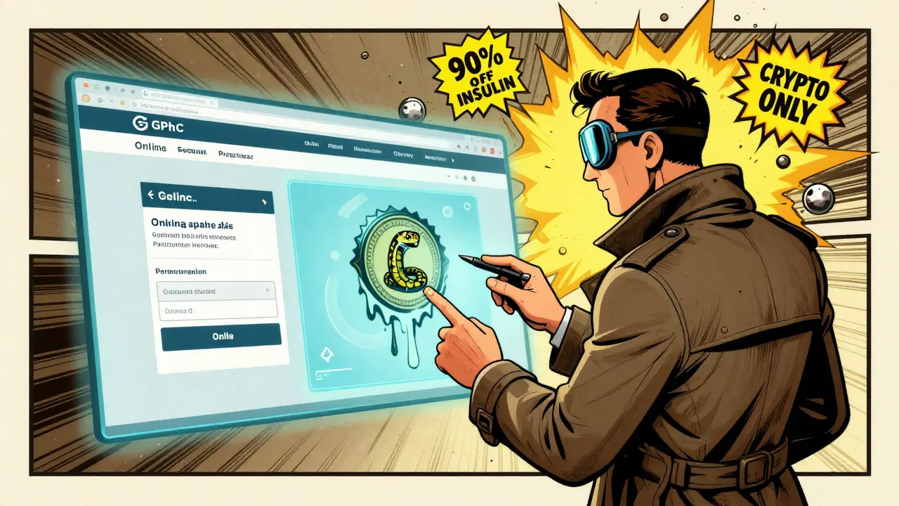 A detective examining a holographic pharmacy website, revealing real and fake accreditation panels.