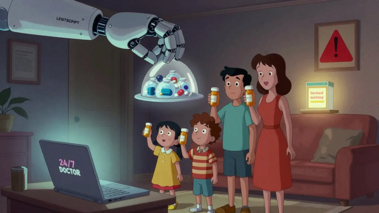 A family holding counterfeit pills while a robotic hand crushes fake pharmacies, with one legit pharmacy glowing in the distance.