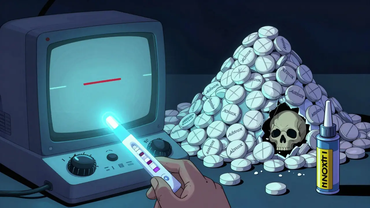 A fentanyl test strip showing one red line next to a mountain of fake pills, one cracked open to reveal a skull, with naloxone spray nearby.