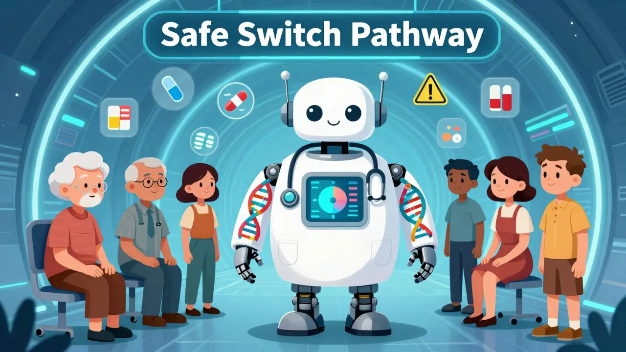 A friendly robot doctor guides diverse patients through a glowing pathway labeled 'Safe Switch Pathway'.