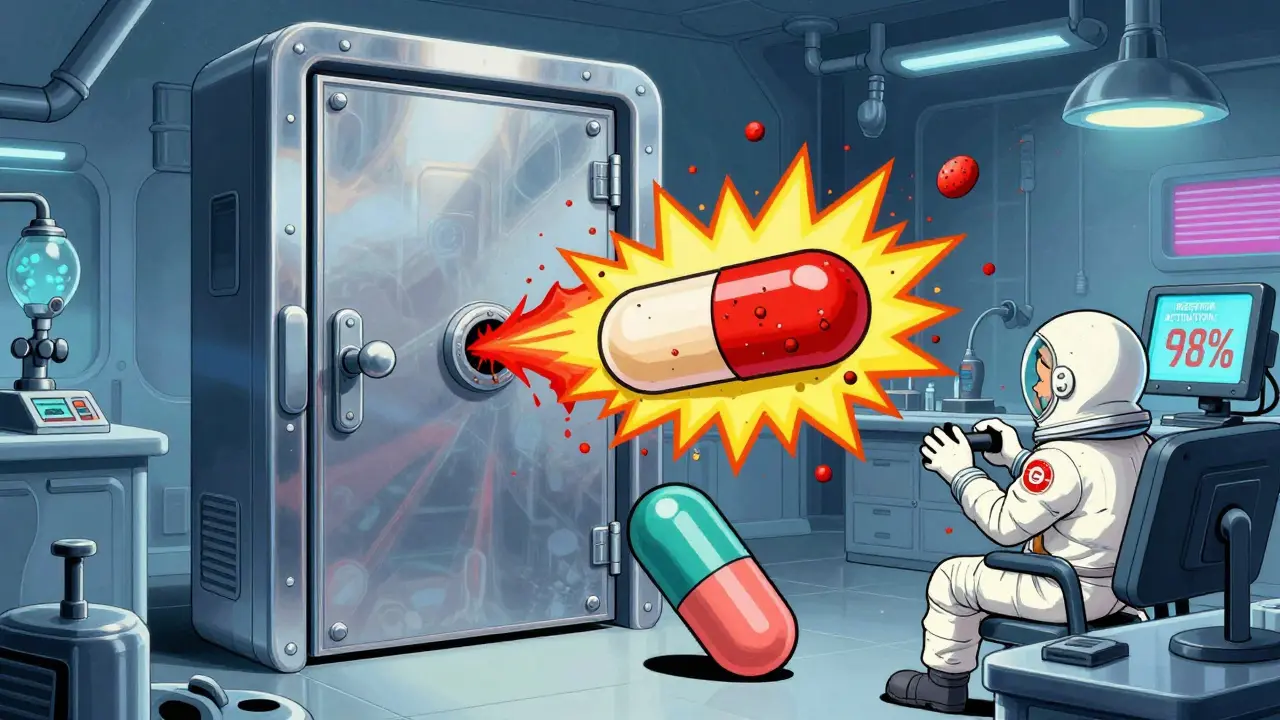 A giant H1 receptor door is jammed open by an antihistamine pill, causing a wave of red hives in a sci-fi laboratory.