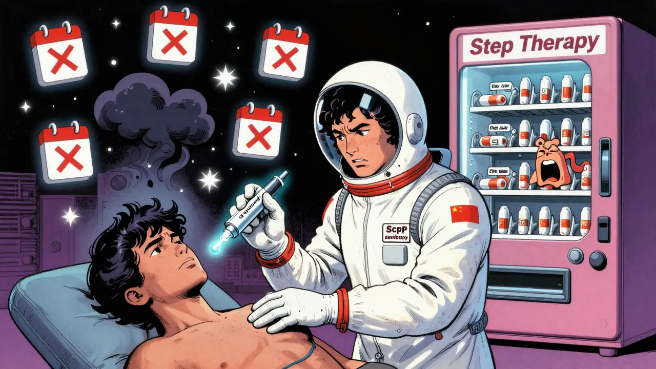 A neurologist administering a CGRP injection as migraine clouds vanish and calendar Xs appear.