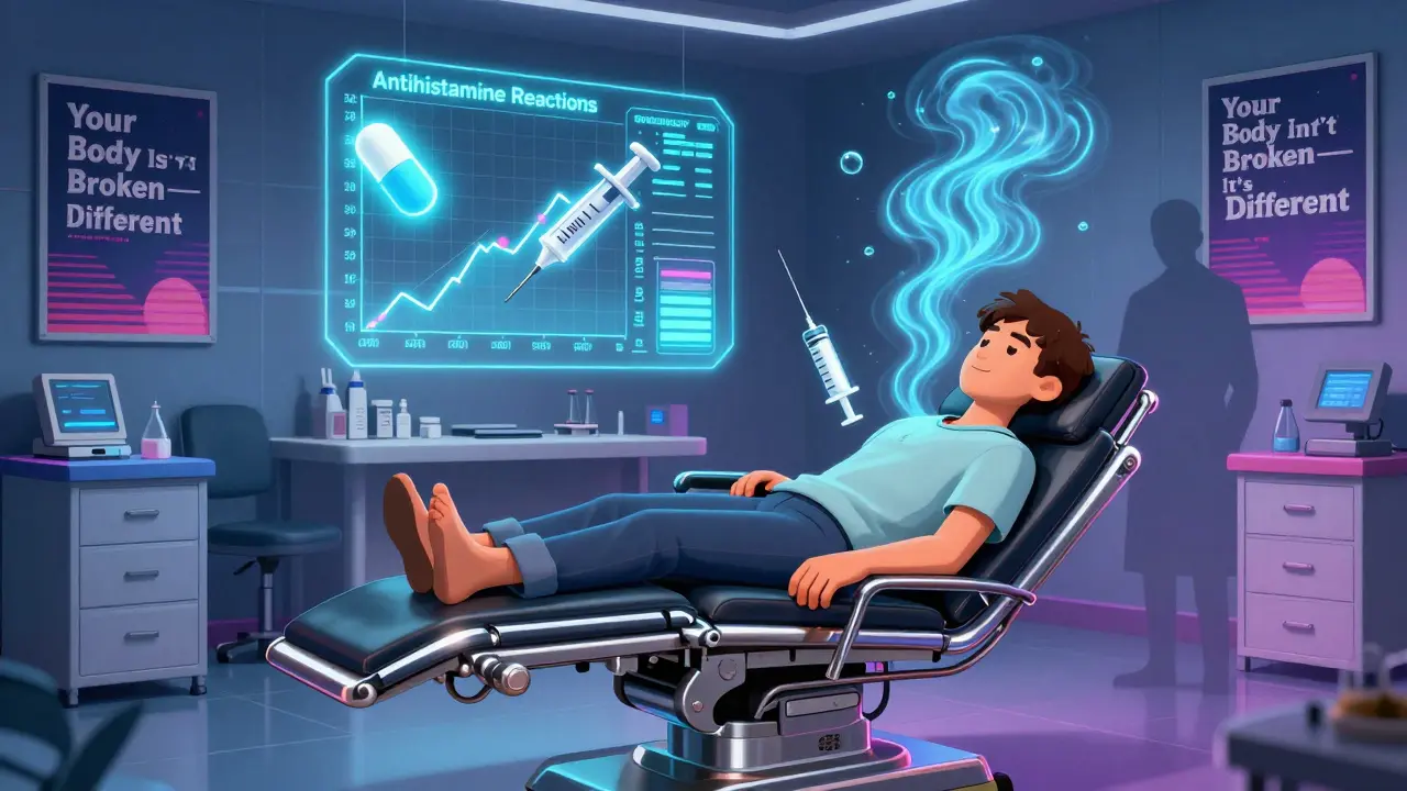 A patient receives alternative allergy treatments like Xolair and montelukast in a sleek clinic, while antihistamine icons fade away.