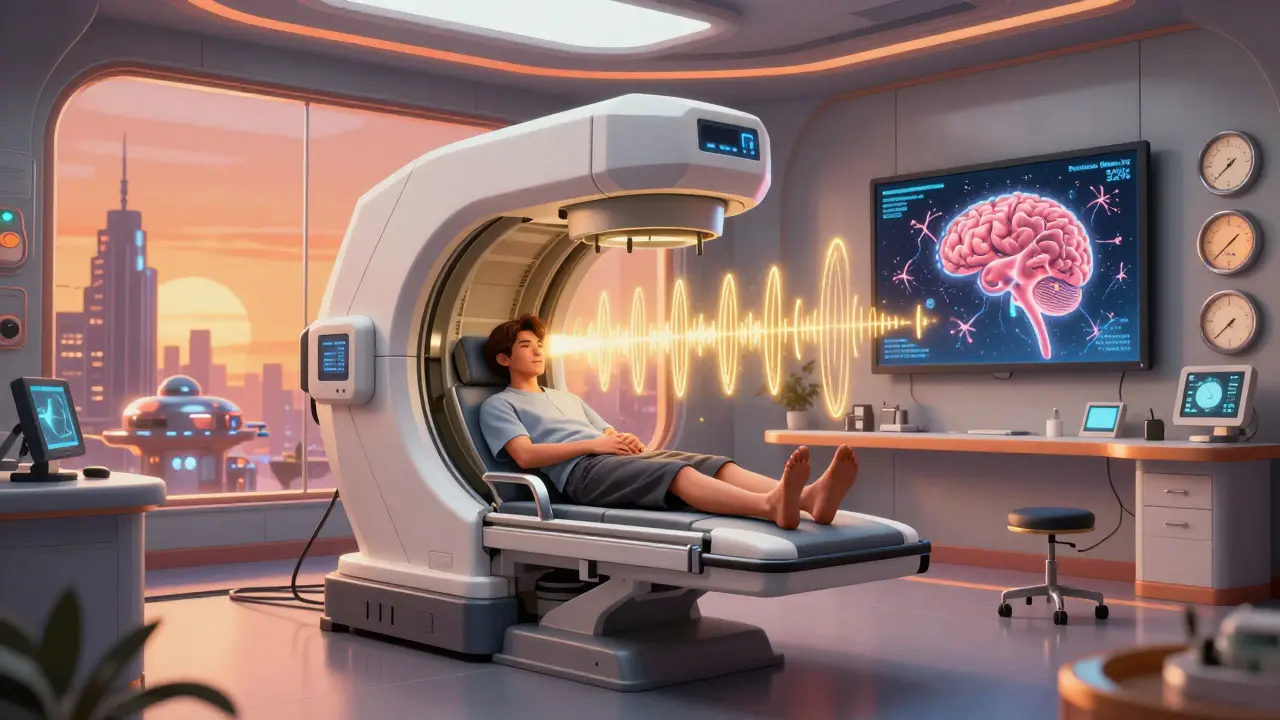 A patient receiving rTMS therapy in a retro-futuristic chamber as golden magnetic waves activate neurons in their brain.