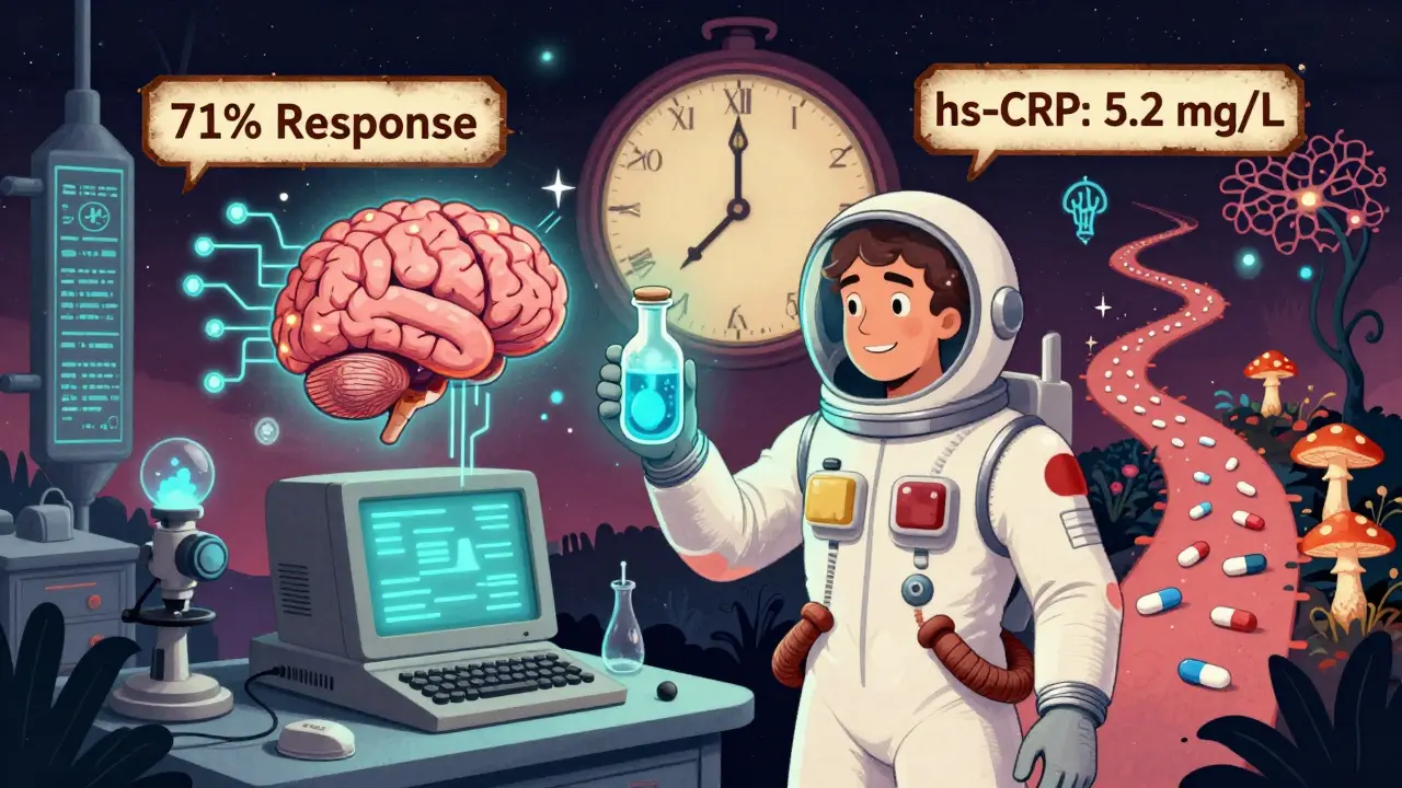 A scientist holds glowing psilocybin vial as a brain resets itself, with floating data streams showing response rates and inflammation markers.