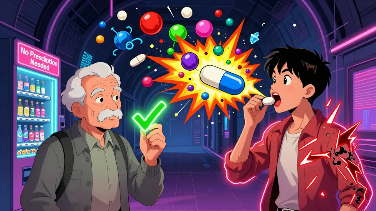 A teenager swallows a counterfeit pill that explodes into toxic symbols while a calm person takes a real one beside them.