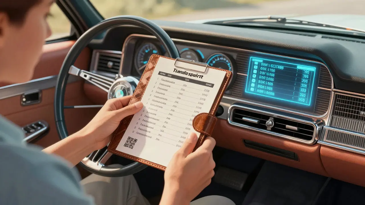 Caregiver using printed list in vintage car with holographic display
