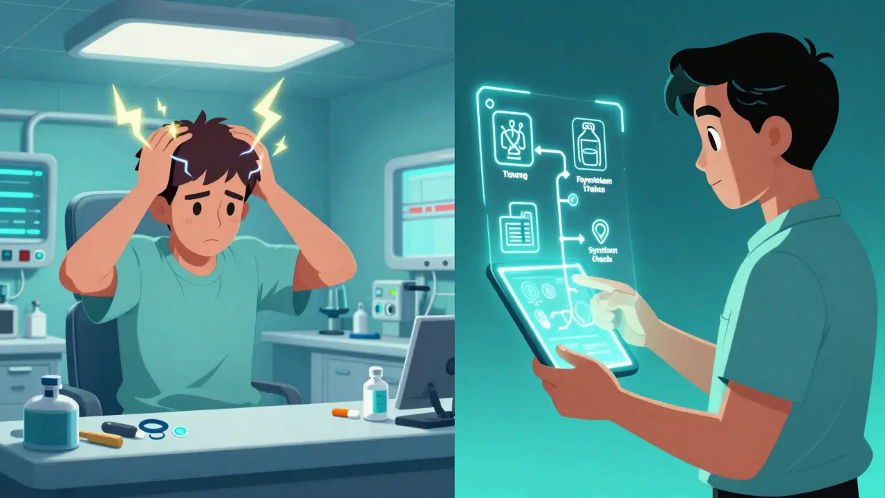 Chaotic ER scene on left, calm holographic taper plan on right, symbolizing safe vs. risky medication switches.