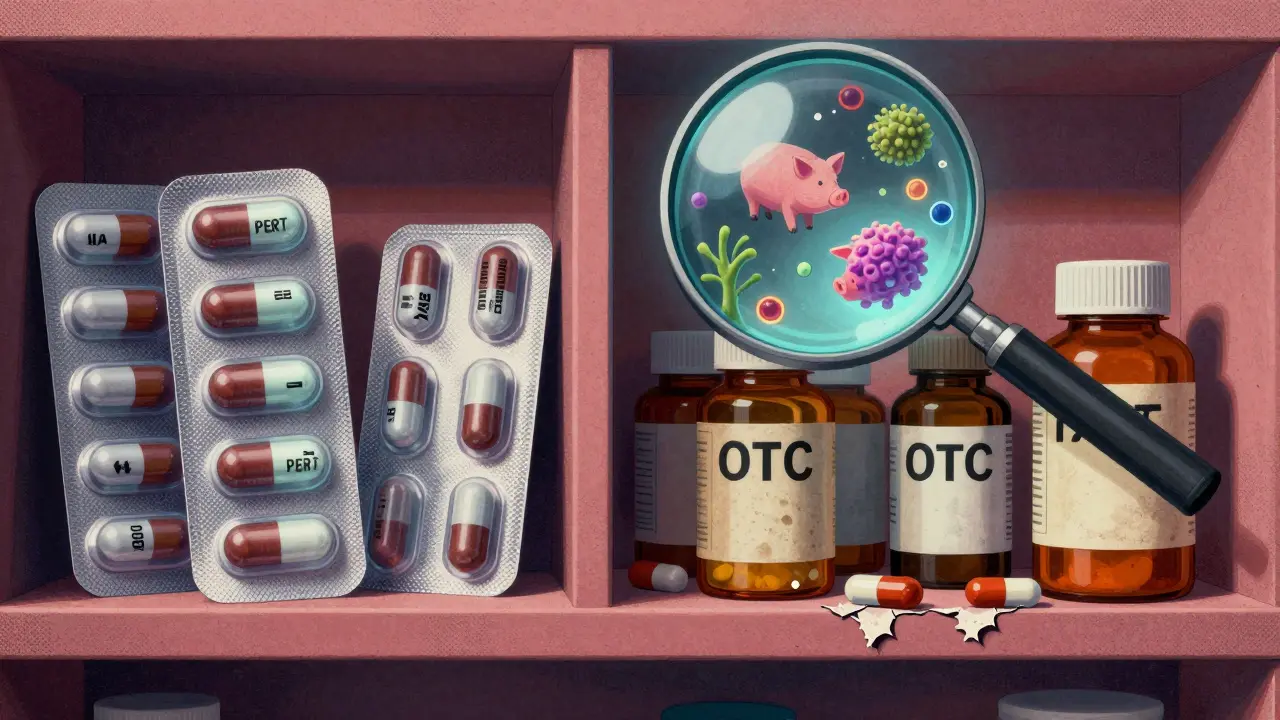 Contrasting prescription and OTC enzyme supplements with glowing labels and microbial cells in retro sci-fi style.