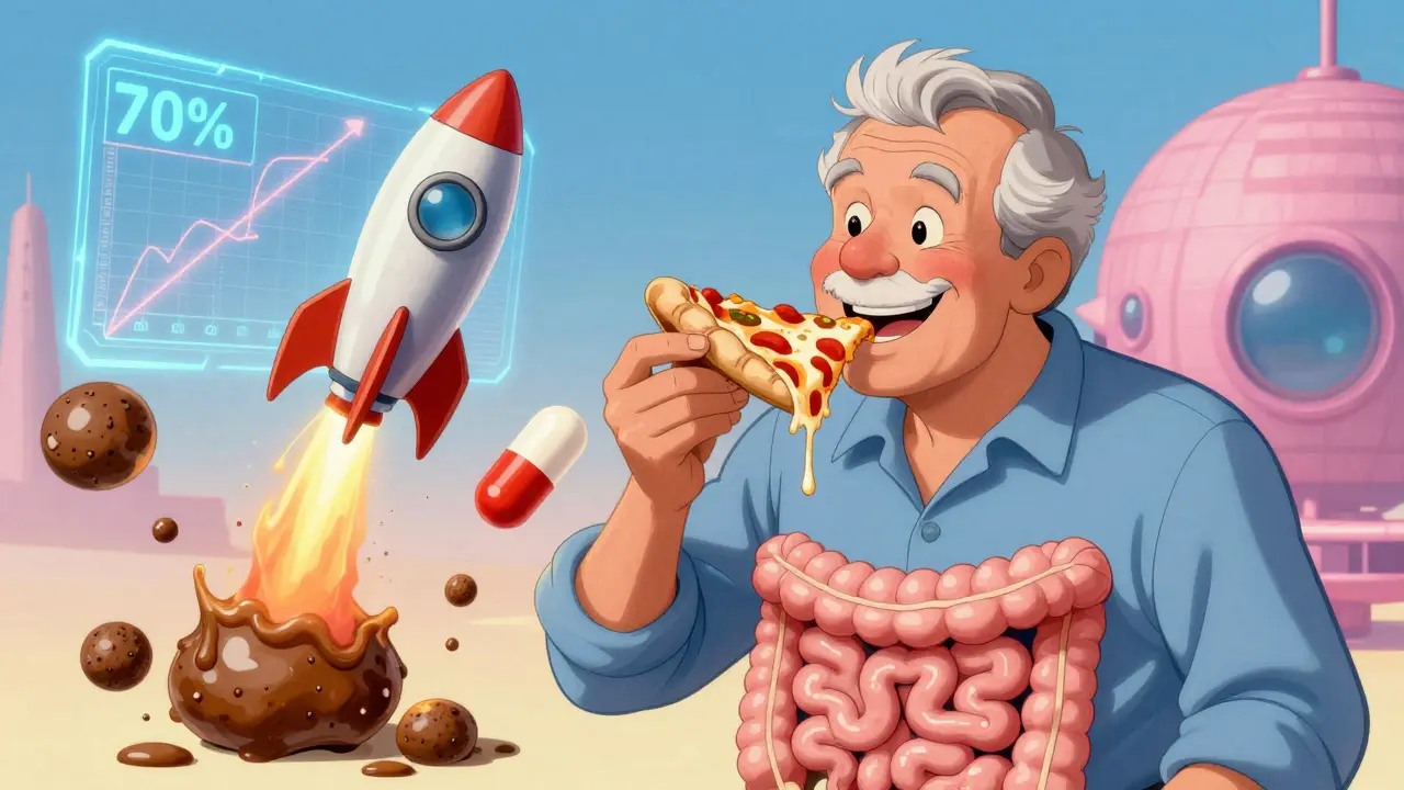 Man eating pizza as enteric-coated enzyme capsules launch into his intestine, symbolizing improved digestion.