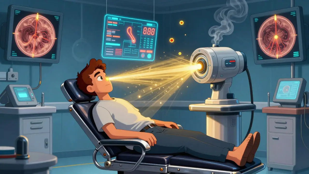 Patient receiving laser treatment in a retro-futuristic clinic, with holographic retinal readouts and golden laser beams sealing damaged vessels.