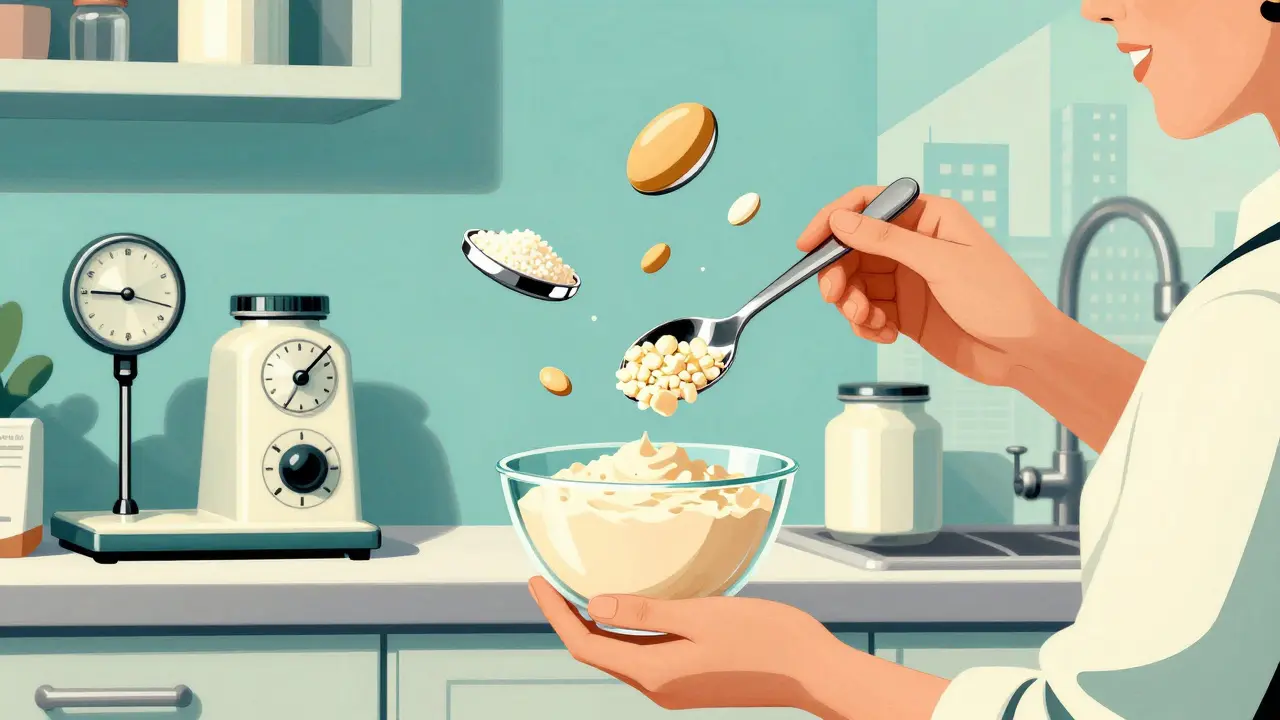 Person preparing Portfolio Diet with floating soy, nuts, and plant sterols in retro-futuristic kitchen