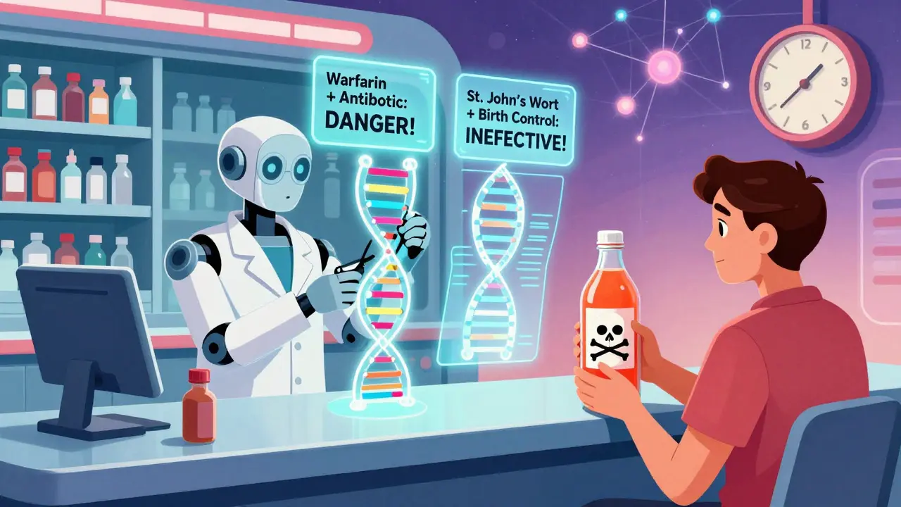 Robotic pharmacist scanning DNA with holographic drug interaction warnings.