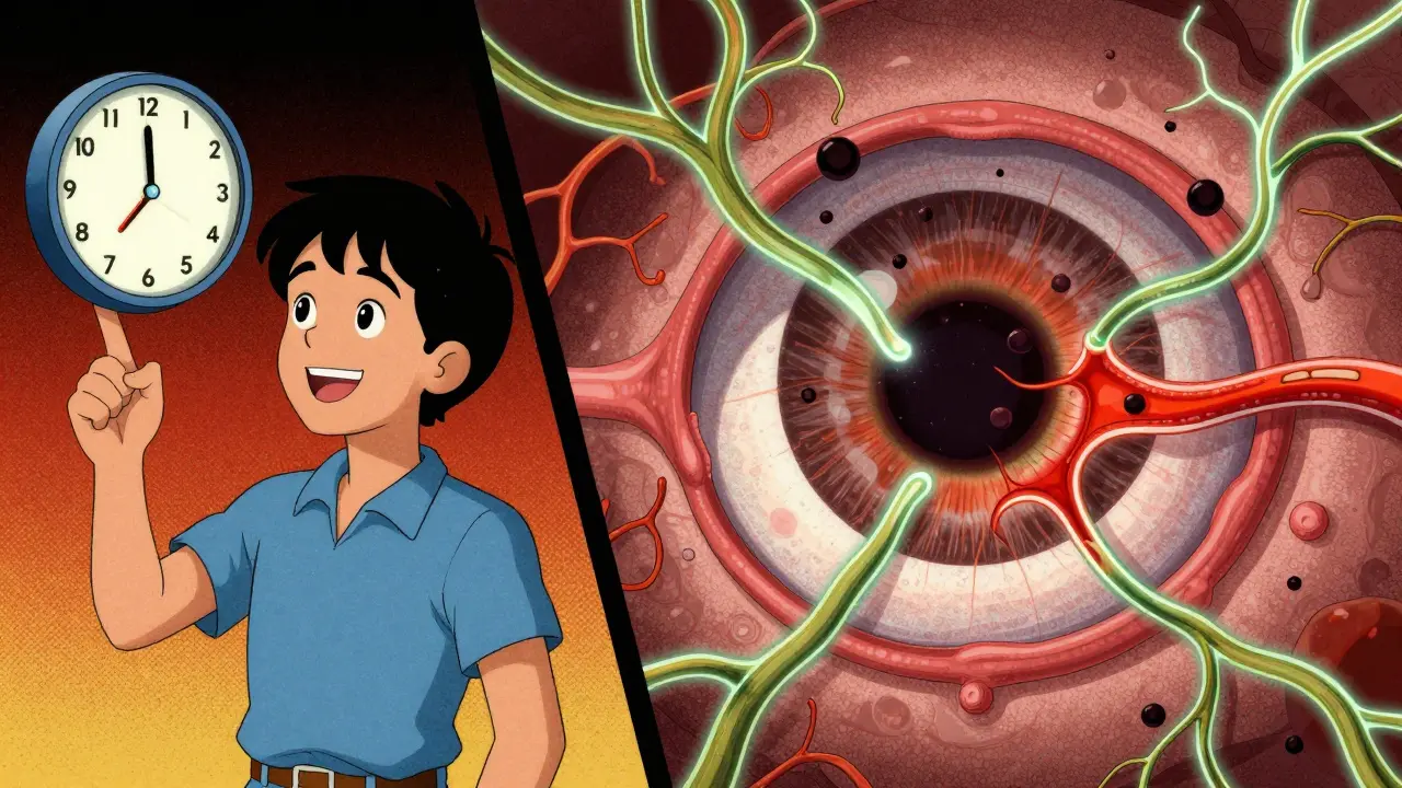 Split scene: a person unaware of eye damage, while internally, neon vines of abnormal vessels burst with floaters in 80s sci-fi style.