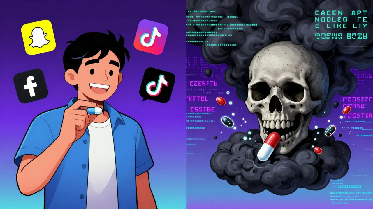 Split scene: person taking a pill with social media icons on one side, same pill turning into a skull-shaped smoke cloud on the other.