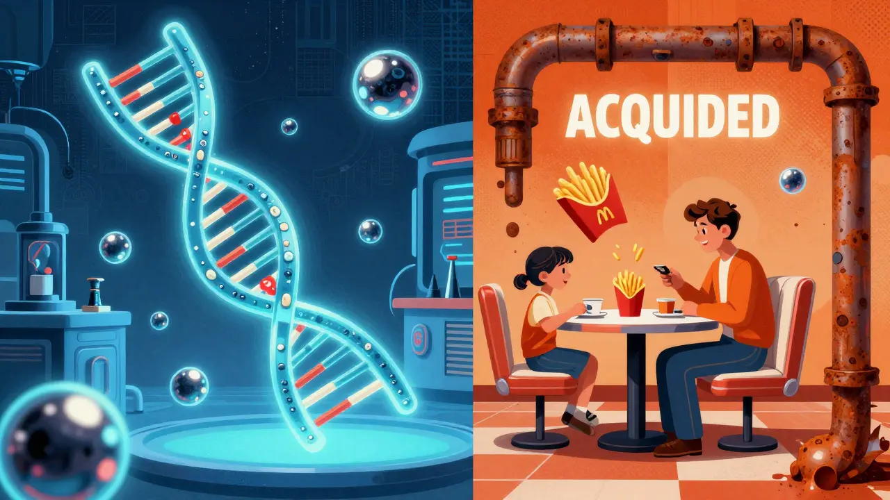 Split-screen contrast of genetic mutations and lifestyle factors in retro-futuristic style