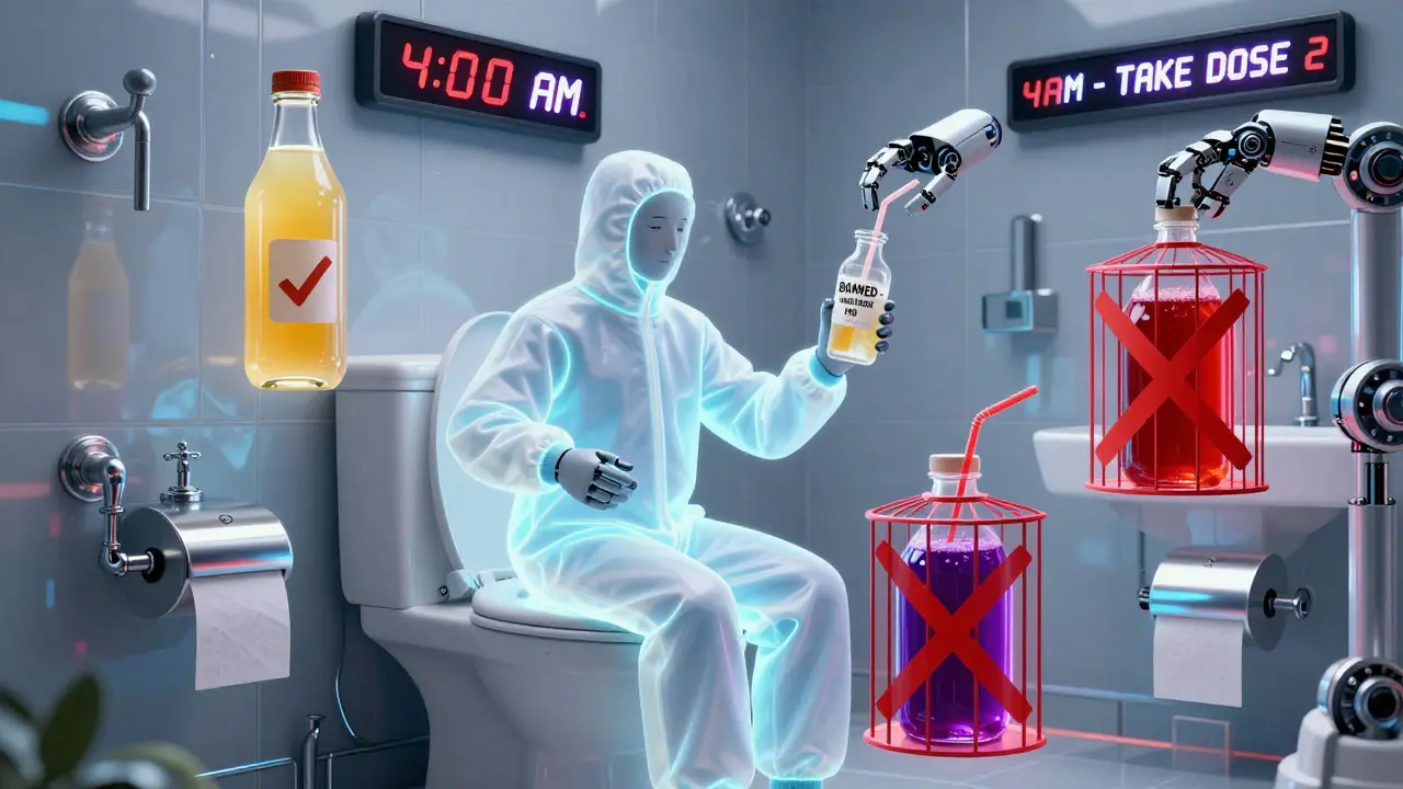 A futuristic bathroom with floating clear liquids and banned red juices in cages, a robotic arm offering a laxative vial with a straw.