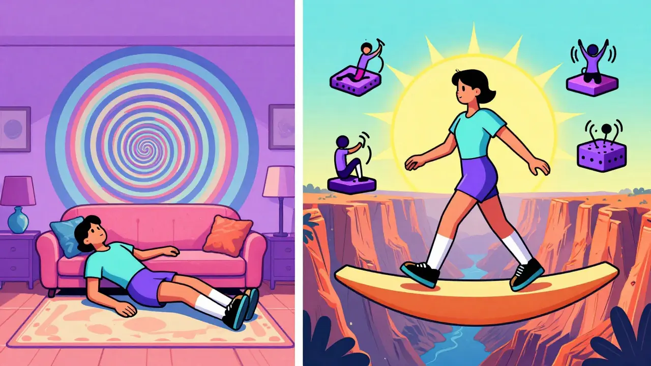 A person transitions from dizzy chaos to balance confidence with floating exercise icons and a rising sun.