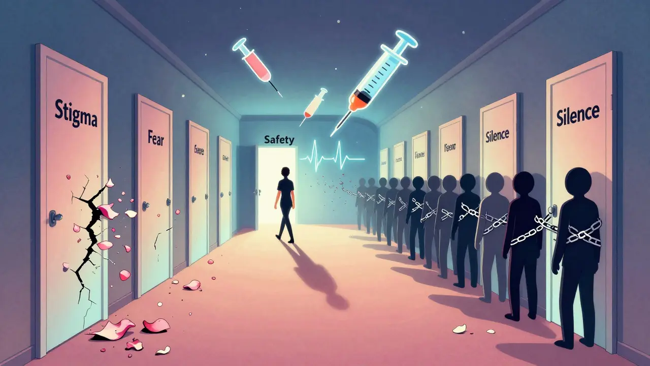 A person walks down a hallway as doors of stigma crumble, heading toward a glowing door labeled 'Safety' with floating naloxone syringes.