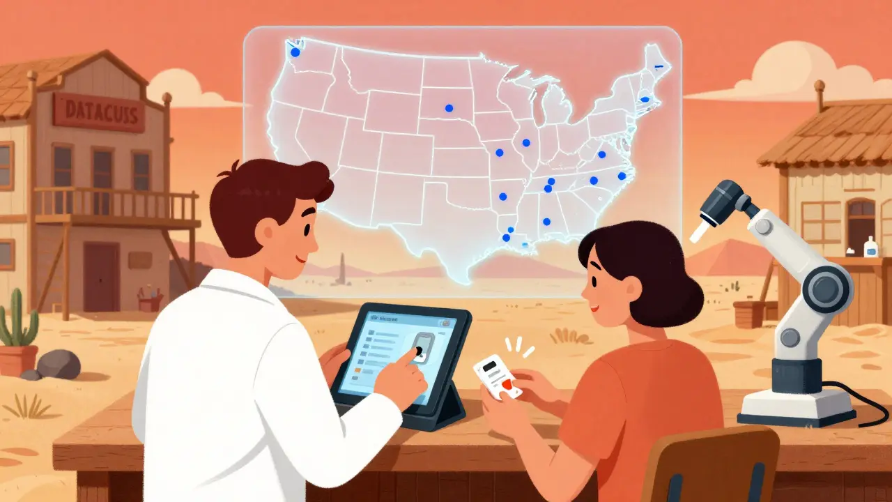A pharmacist adjusts a diabetic patient's dosage via a statewide digital protocol in a rural pharmacy.