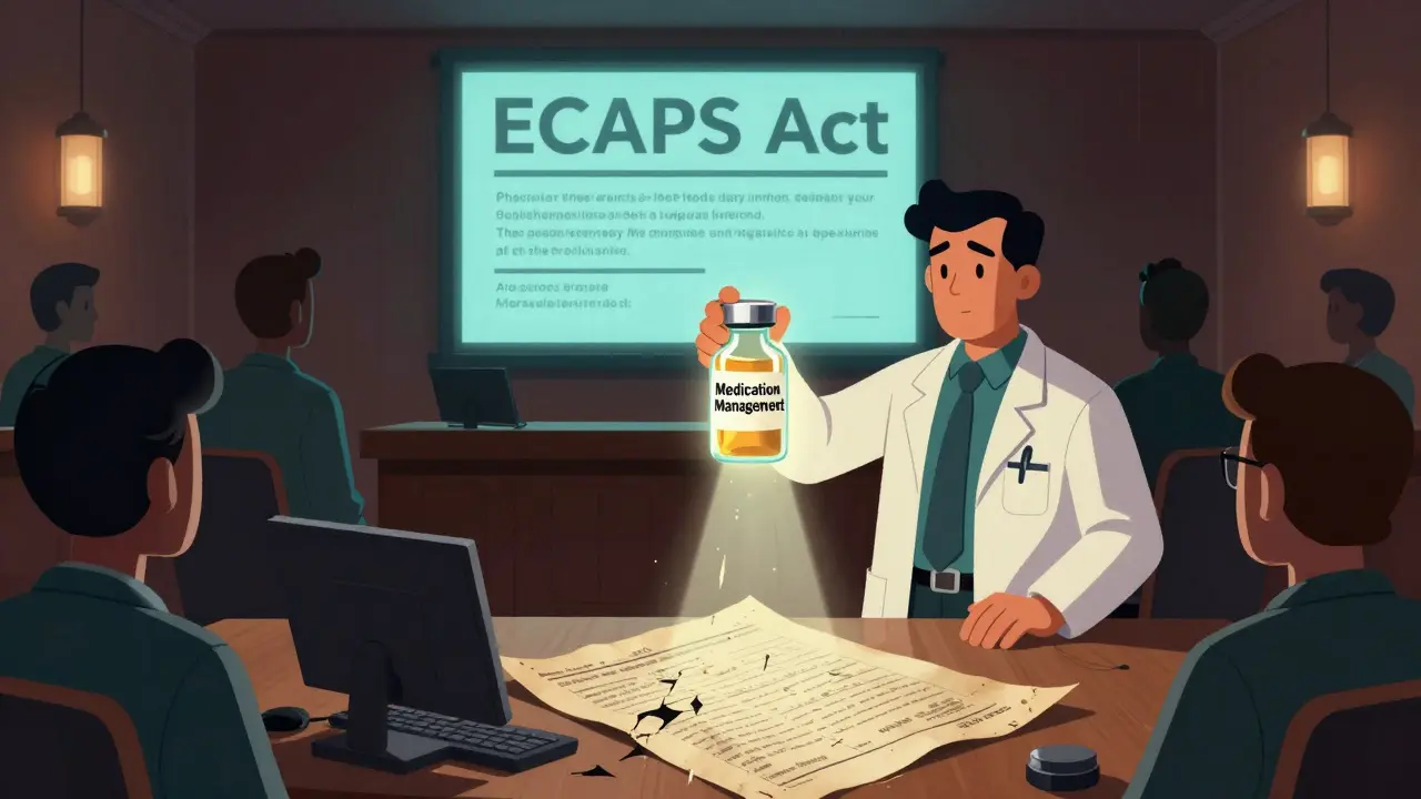 A pharmacist presents the ECAPS Act to lawmakers as light radiates from a medication vial over outdated medical records.